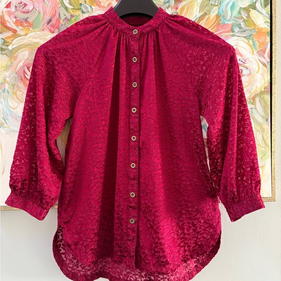 Anthropologie Susanna Burnout Velvet Buttondown Blouse Red XS - Picture 2 of 13